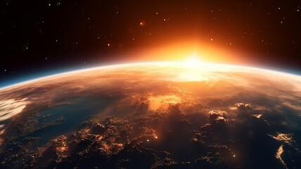 Panoramic view of the Earth, sun, star, and galaxy. Sunrise over planet Earth, Generative AI.