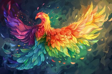 Obraz premium Colorful phoenix with detailed rainbow feathers against dark background. Represents LGBTQ+ pride, renewal, resilience. Vibrant hues and intricate details convey strength, hope, acceptance.