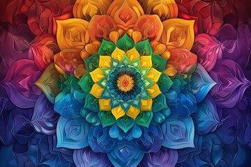 Beautiful mandala with vibrant rainbow colors celebrates LGBTQ+ pride. The intricate design symbolizes unity and diversity, bringing joy and happiness through its detailed artistic expression.