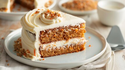 A delicious slice of carrot cake with cream cheese frosting on a white plate, perfect for dessert lovers and special occasions.