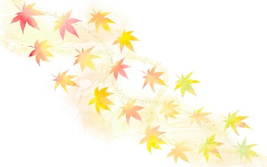 秋にきらめくカラフルなもみじで作ったフレーム。水彩絵の具のグラデーションが美しい水彩イラスト。