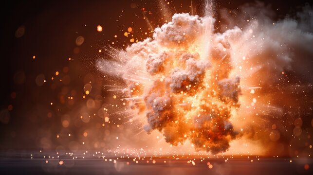 A dramatic explosion with fiery bursts and smoke, captured in high detail, illustrating a powerful destructive force and dynamic energy.