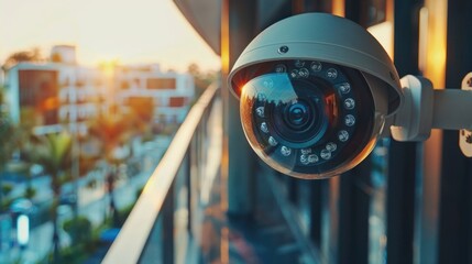 A camera is mounted on a pole in front of a building
