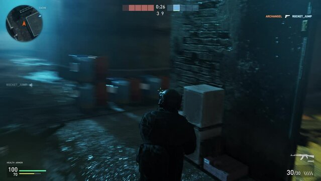 Collecting a heavy military rifle to win a round of multiplayer video game. Killing opponents to win a video game match. Winning a competitive match of the online shooter computer video game.