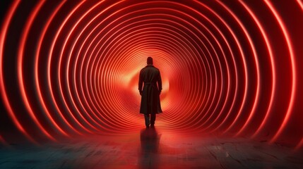 A person walks through a futuristic, glowing red tunnel, creating a sense of mystery and science fiction.
