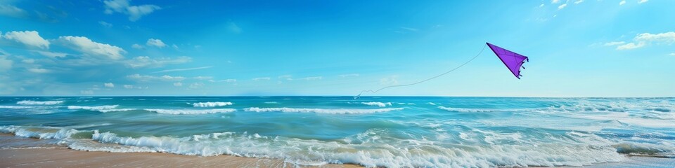 Obraz premium Serene beach scene with gentle waves and a purple kite flying high, ample space for text content