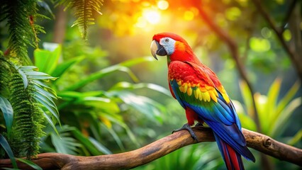 Obraz premium Colorful parrot sitting on a tree branch in the jungle, parrot, bird, tropical, colorful, wildlife, nature, vibrant, feathers, exotic