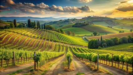 Fototapeta premium Vineyard in the beautiful countryside of Tuscany , Vineyard, countryside, Italy, Tuscany, grapes, wine, agriculture, scenic, landscape