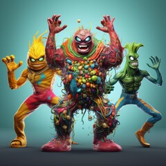Fantastic Monster Superheroes in Vibrant Action - Colorful and Dynamic Kids' Theme Illustration with Detailed Characters