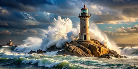 Fototapeta premium Lighthouse standing tall on a rocky island surrounded by crashing waves, beacon, navigation, safety, maritime, ocean, remote
