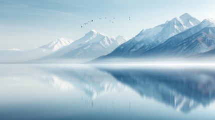 Fototapeta premium A serene winter landscape with snow-capped mountains and a calm lake reflecting the blue sky, birds flying over the horizon.