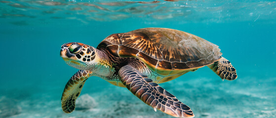 Obraz premium A beautiful sea turtle swimming gracefully underwater, showcasing its green shell and vibrant marine life environment.