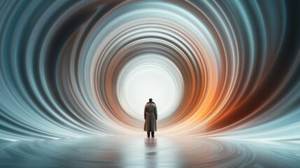 A solitary figure stands before a glowing, futuristic tunnel adorned with swirling lights, evoking a sense of mystery and exploration.