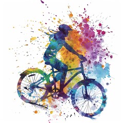 A cyclist in motion, illustrated in a dynamic watercolor style with colorful splashes that bring the scene to life on a white background.