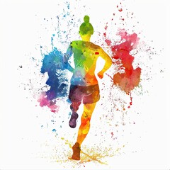 An artistic illustration of a runner, painted in a vibrant watercolor style with energetic splashes of color that convey movement and excitement on a white background.