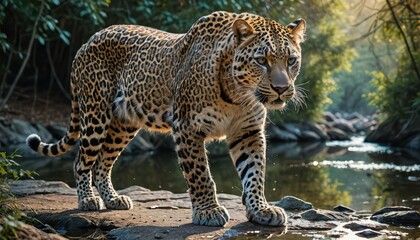 Obraz premium Leopard Walking by the Water.