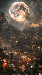 Fototapeta premium Enchanting full moon over the ancient city at night, illuminated by its light, with glowing windows, dark blue sky, stars, and silhouettes of mountains on the horizon. 