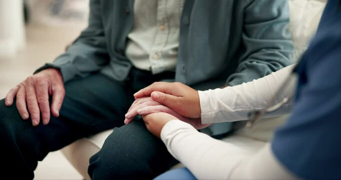 Senior man, nurse and holding hands with empathy for healthcare, support and comfort of nursing home rehabilitation. Person, caregiver and kindness for consult advice, helping and medical retirement