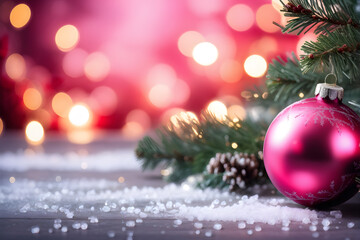 Festive pink bauble on snowy branch against twinkling bokeh lights, capturing the essence of Christmas cheer. Copy space