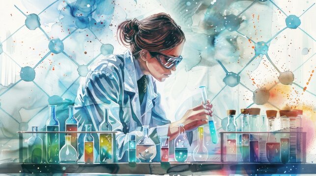 A scientist conducting experiments in a laboratory, surrounded by beakers, chemicals, and molecular structures. Focused and precise work. - Powered by Adobe