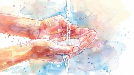 Beautiful watercolor illustration of hands being washed. Emphasizes cleanliness, hygiene, and the importance of washing hands.