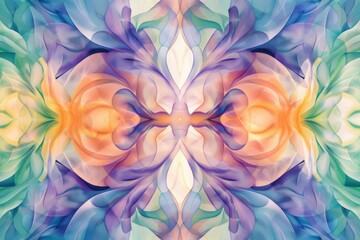 Colorful abstract symmetrical pattern with vibrant hues of orange, purple, and green, perfect for artistic backgrounds and creative designs.