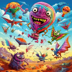 Whimsical Monsters Flying Kites in a Psychedelic Sky - Colorful and Detailed Fantasy Illustration
