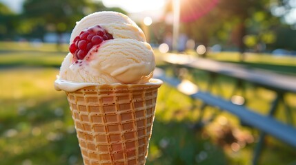 Summer ice cream cone with red raspberry ripple and a sunny park scene, ample copy space for text