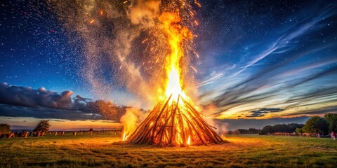 Huge bonfire lighting up the field at a summer solstice festival with sparks flying upwards under the starry sky, bonfire, field