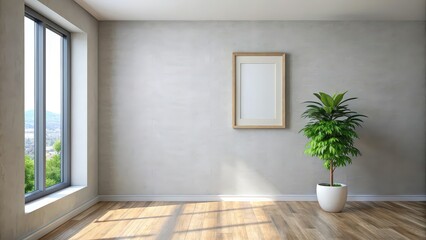 Empty room with a window and a plant, with a mock-up frame on the wall , interior design, home decor
