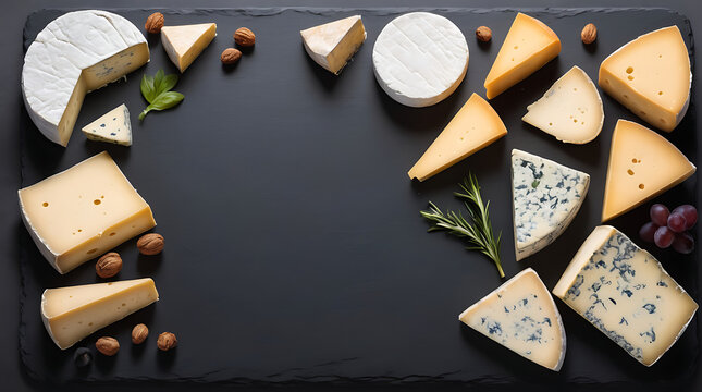 A selection of gourmet cheeses on a sleek slate board, set against a plain background. Emphasize their variety and quality, with space for descriptive text.
