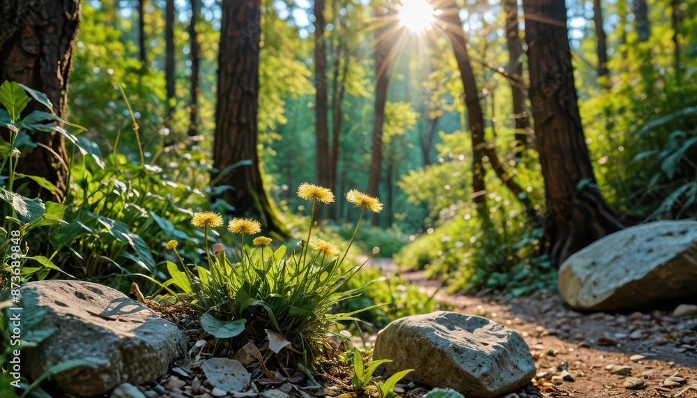 Poster sunbeams through the trees in a forest.