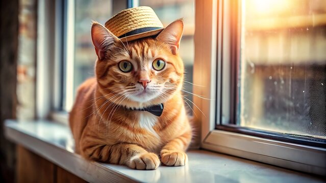 Adorable orange tabby cat wearing a tiny fedora hat, sitting on a windowsill, looking utterly charming with bright eyes and a twitching whisker smile.