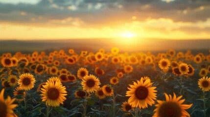 A field of sunflowers with a beautiful sunset in the background