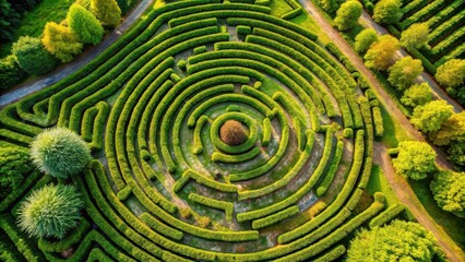 Aerial view of intricate plant labyrinth in field set amidst vibrant green bushes in summer , nature, maze, garden, hedge
