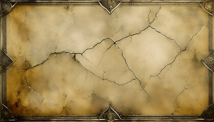 Old wall paper texture Golden frame around damaged plaster Cracked wall in gold frame old parchment paper sheet, texture 