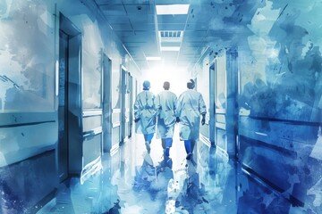 Watercolor illustration of three doctors walking down a hospital corridor, symbolizing dedication and the healthcare profession.