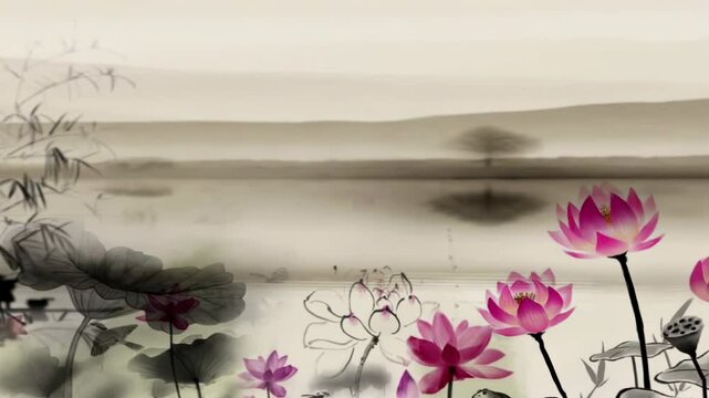 Fantasy bright ambience landscape of beautiful morning lotus pond, fish, sky, mountains, flowers, lake, ancient house with simple animation in Japanese Chinese anime watercolour style.