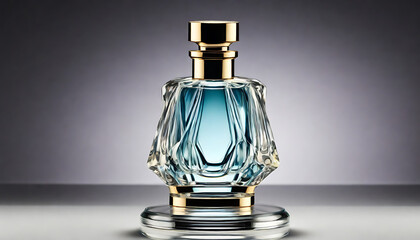 A luxury perfume bottle on a clear glass stand, set against a plain background. Highlight its design and brand, with space for descriptive text about its fragrance.

