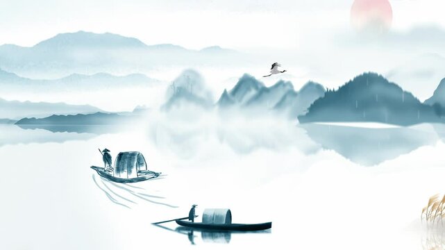 Mysterious landscape China's traditional  wind rainy day drizzle background Oriental Digital Art animation Chinese retro painting ink misty mountain with flowers, tree, birds, river in fog background.