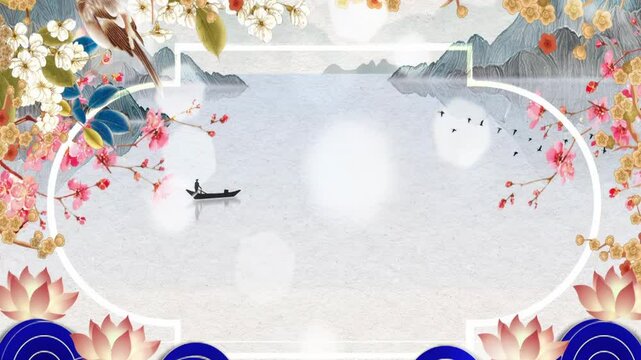 Peaceful nature Daytime ancient traditional Chinese Japanese landscape ink trend stage Painting of beautiful calm trees, mountains, flowers, lake, water, birds, blue sky, boat, cherry blossoms season