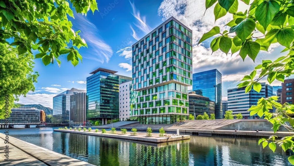 Sticker Green leafs contrasting with modern architecture in Bj?rvika, Oslo Norway , green, leaf, nature, architecture, modern, building