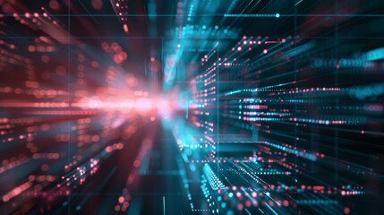 Abstract dynamic background with futuristic digital array, high-speed data transfer, and technology networks in vibrant colors.