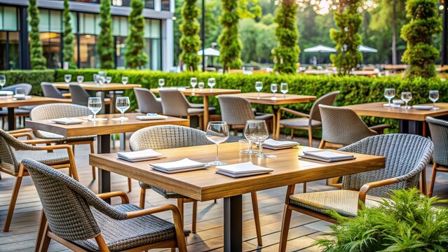 Modern outdoor restaurant setup with elegant tables, chairs, and glasses ready for dining, modern, restaurant, outdoor, setup