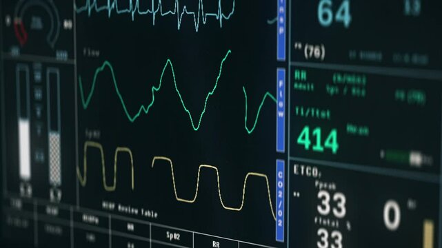 Medical equipment supervising the breathing rate of the sick person at a hospital. Medical analysis system monitoring the breathing rate. Medical monitor shows the stable breathing rate.