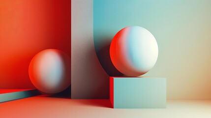 Abstract geometric shapes with colorful lighting in modern minimalist composition. Spheres, cubes, and shadows create a futuristic feel.