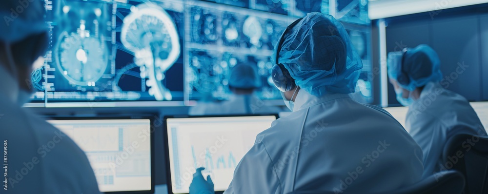 Poster documentary style image of data scientists analyzing clinical trial data, collaborative effort, mult