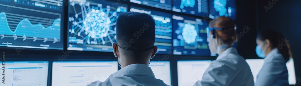 Aufkleber documentary style image of researchers analyzing clinical trial data on large screens, intricate gra