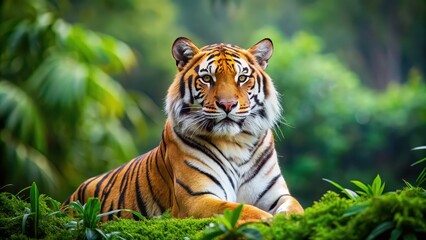 Obraz premium Beautiful Bengal tiger sitting in lush green habitat background, tiger, Bengal, beautiful, wildlife, nature, predator