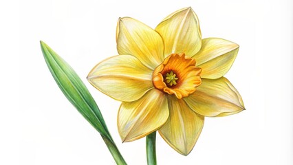 Fototapeta premium Delightful hand-drawn solitary yellow narcissus flower illustration against a clean white background, perfect for various paper craft projects and designs.